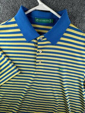 Southern Tide Club Short Sleeve Polo Shirt Blue Yellow Striped Large Men Golf